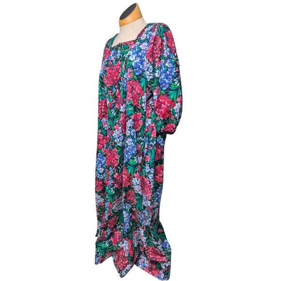 Vtg 1980s Krist Gundnason Pink Blue Floral Front Zip Square Neck House Dress L - Picture 1 of 7